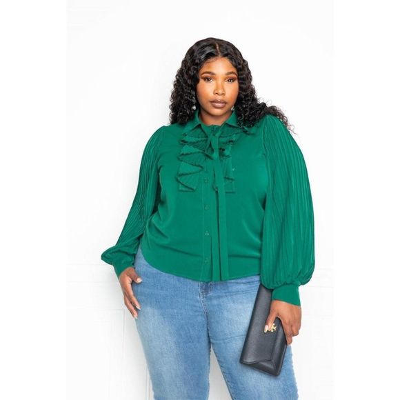 Buxom Tops - Pleated Sleeve Blouse